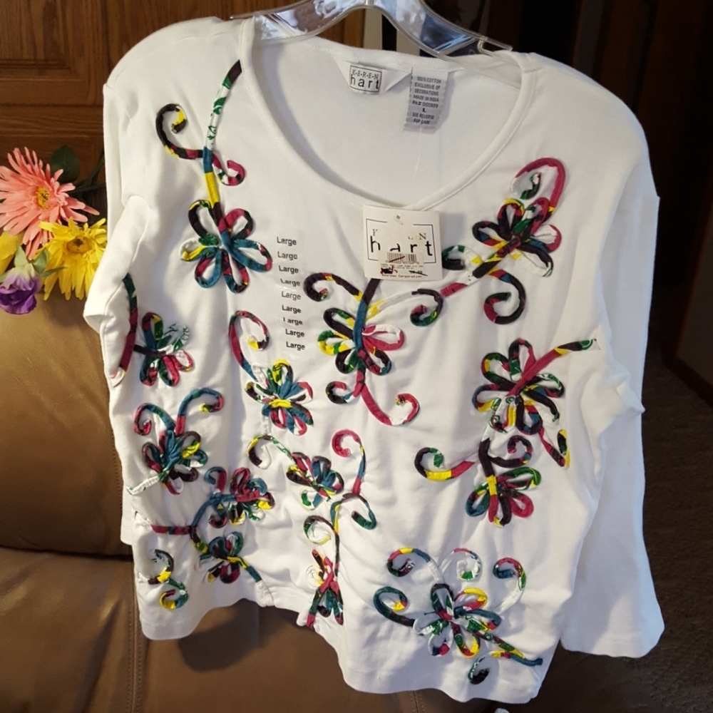 New women's Keren Hart 3/4 sleeve floral shirt L - Picture 1 of 4